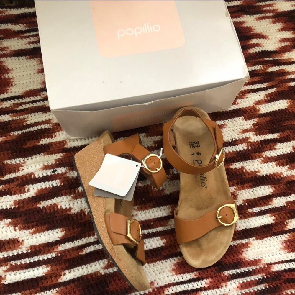 NEW BIRKENSTOCK Papillio Soley Ring Buckle Leather Wedges Heels Ginger Brown 39